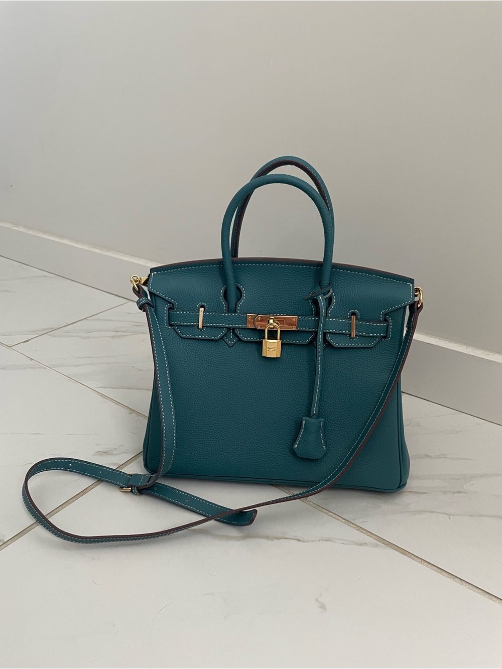 Teal Leather Structured Top-Handle Satchel with Gold Hardware